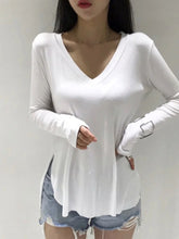 Camiseta informal con cuello en V para mujer, primavera 2024, estilo coreano, ropa para mujer, camisetas básicas, camisetas de manga larga, camisetas holgadas, camisetas